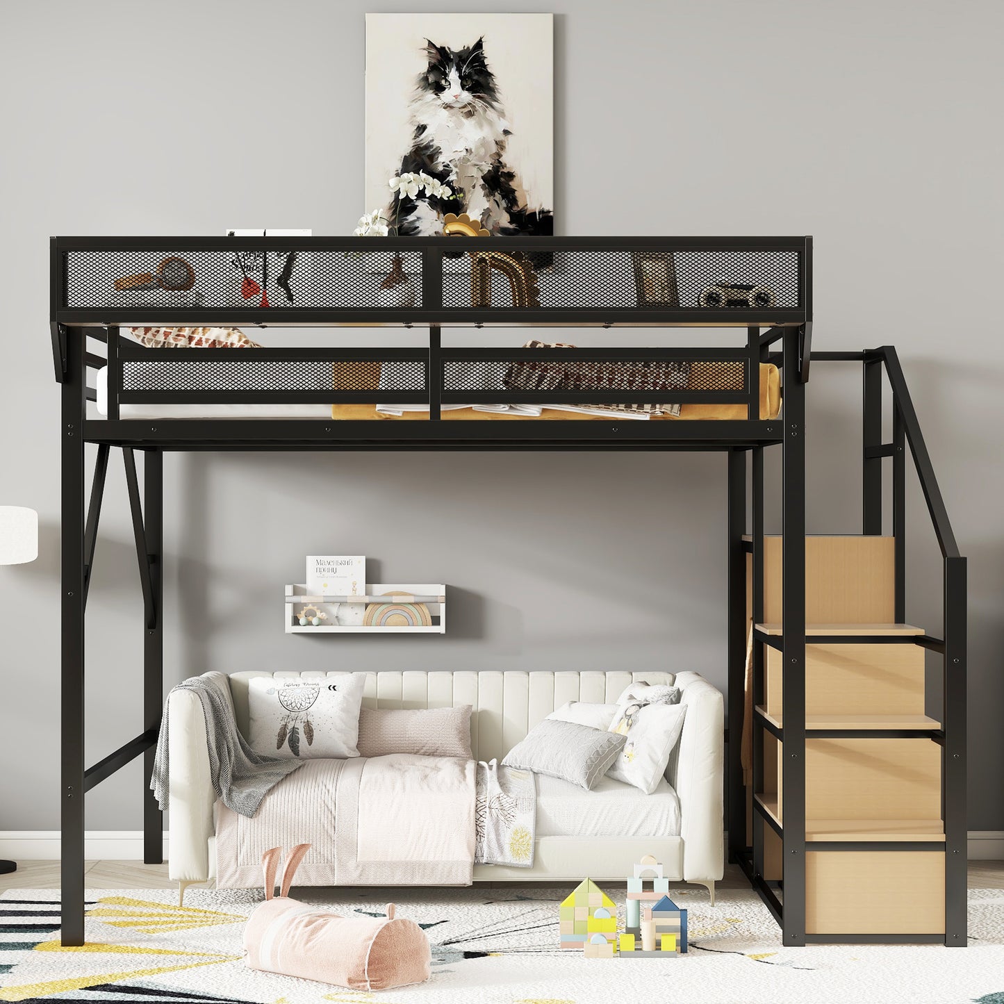 Queen Loft Bed with Stairs - Storage & Wardrobe Black