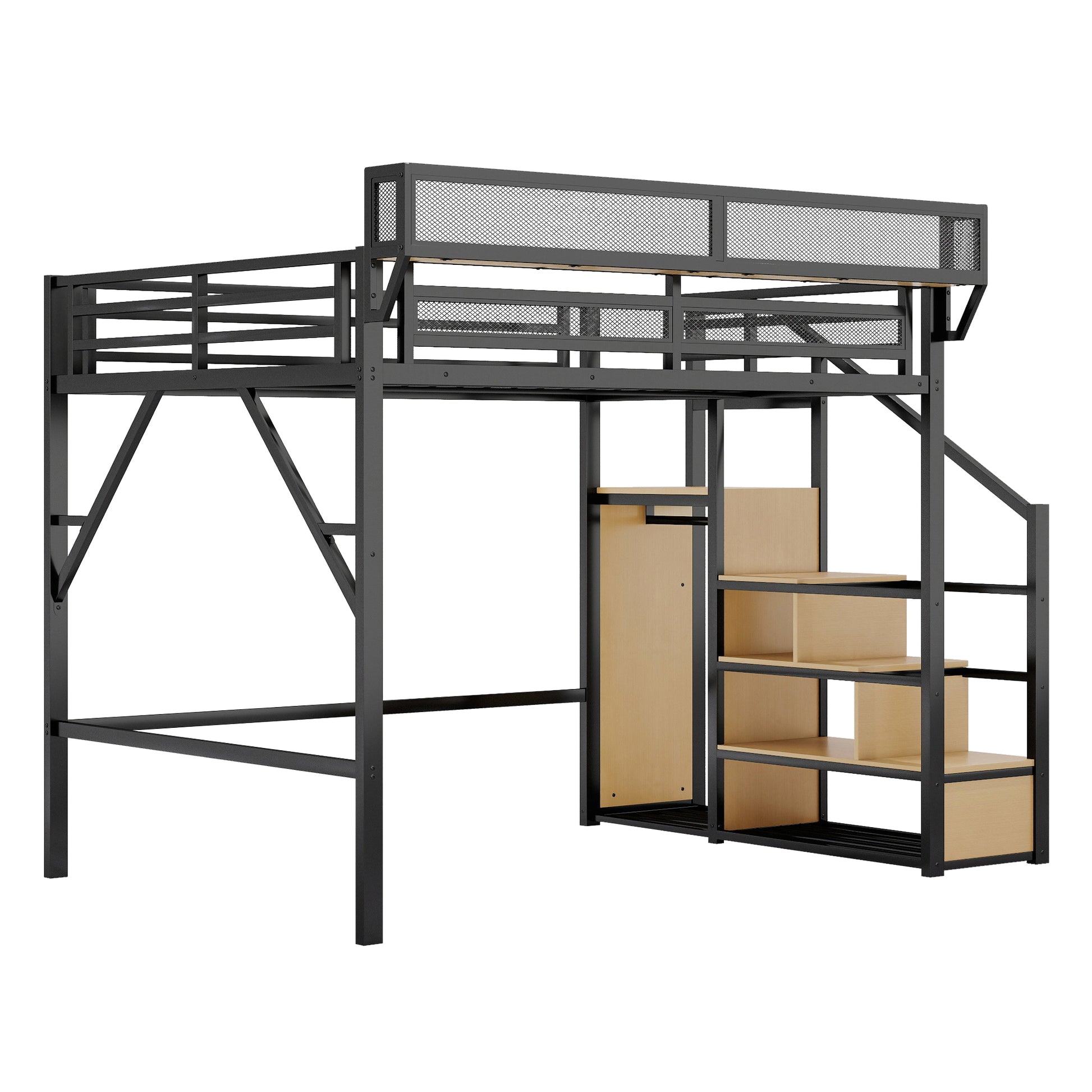 Queen Loft Bed with Stairs - Storage & Wardrobe Black