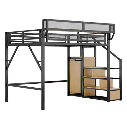 Queen Loft Bed with Stairs - Storage & Wardrobe Black