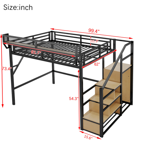 Queen Loft Bed with Stairs - Storage & Wardrobe Black