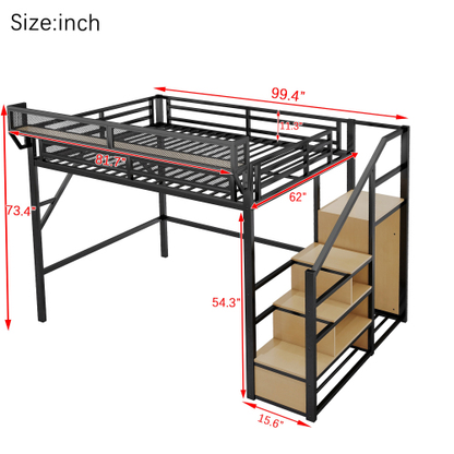 Queen Loft Bed with Stairs - Storage & Wardrobe Black