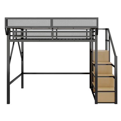 Queen Loft Bed with Stairs - Storage & Wardrobe Black