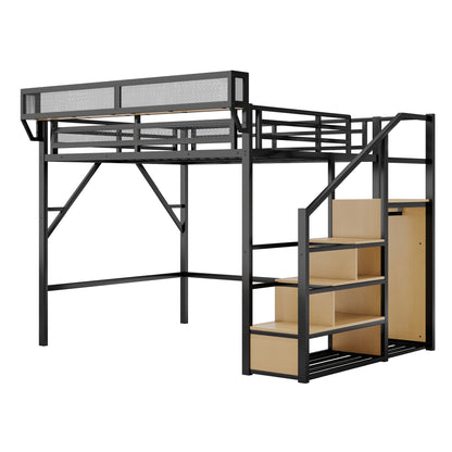 Queen Loft Bed with Stairs - Storage & Wardrobe Black