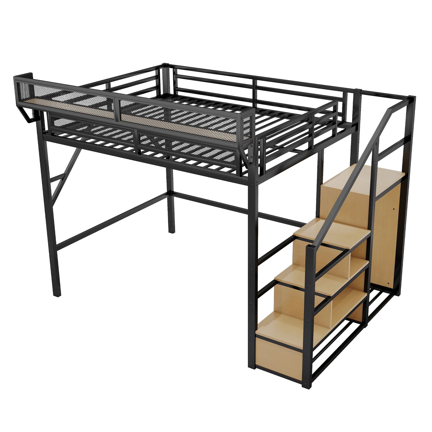 Queen Loft Bed with Stairs - Storage & Wardrobe Black