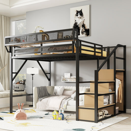 Queen Size Loft Bed with Stairs, Metal Queen Loft Bed with Storage Shelves, High Loft Bed with Wardrobe for Kids Teens Adults, Black(Old SKU W2580S00028 ) Patent Products