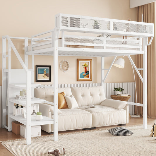 Twin Size Loft Bed with Stairs, Metal Full Loft Bed with Storage Shelves, High Loft Bed with Wardrobe for Kids Teens,White