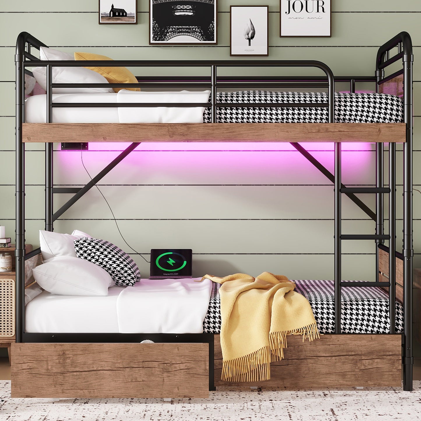 Twin XL Metal Bunk Bed - Storage & LED Lights