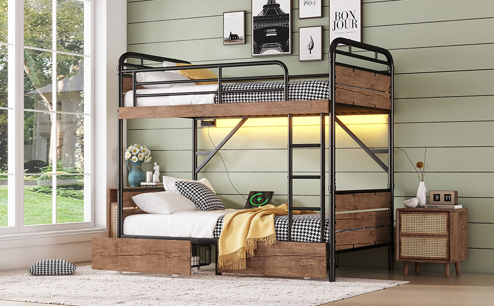 Twin XL Metal Bunk Bed - Storage & LED Lights