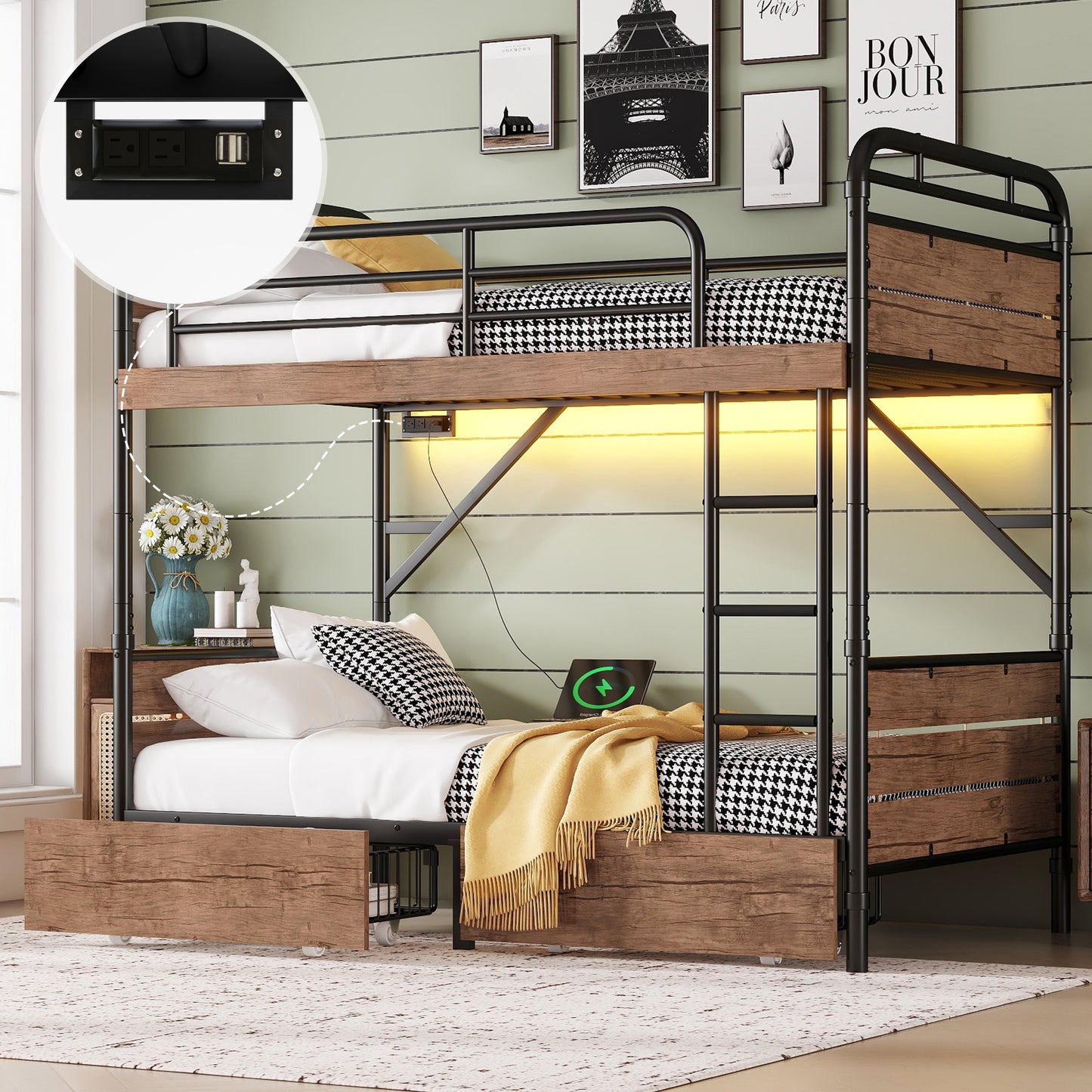 Twin XL over Twin XL Metal Bunk Bed, Detachable Metal Bunk Bed with LED Light and Charge Station, Twin XL Bunk Bed with Two Storage Drawers, Black(Expect Arrival Date 2025/11/21)