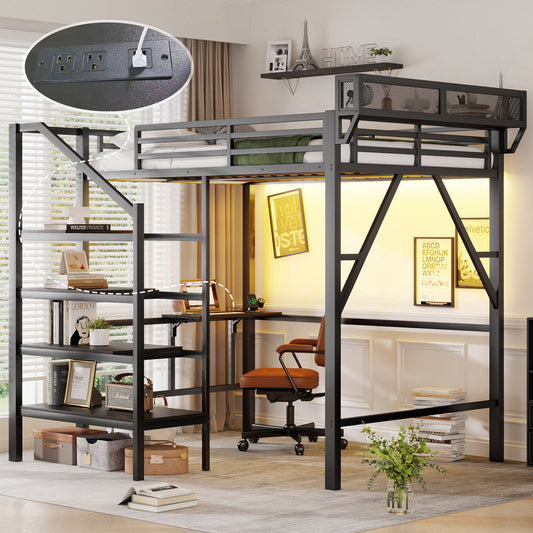 Full Size Loft Bed with Foldable Desk and Charging Station,Metal Full Loft Bed with Light Strip and Staircase Storage for Kids Teens Adults, Patent Products,Black(Expect Arrival Date 2026/4/10)