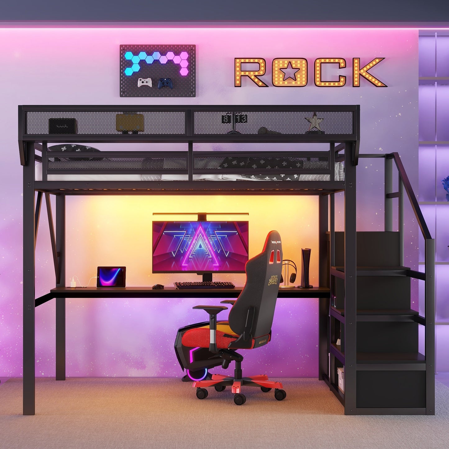 Full Metal Loft Bed with Desk & Charging - Black