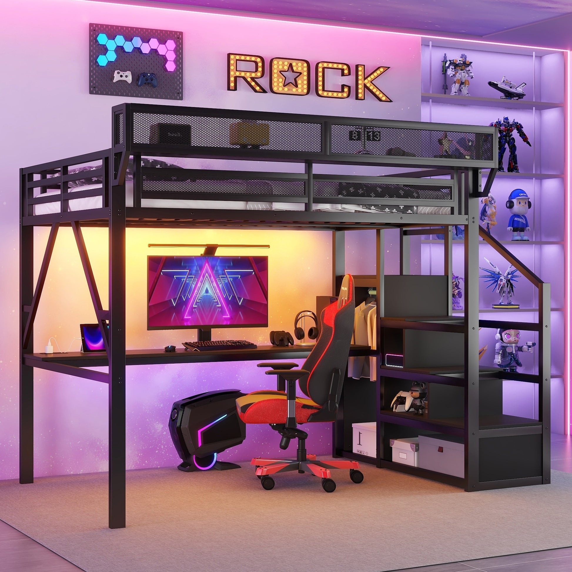 Full Metal Loft Bed with Desk & Charging - Black