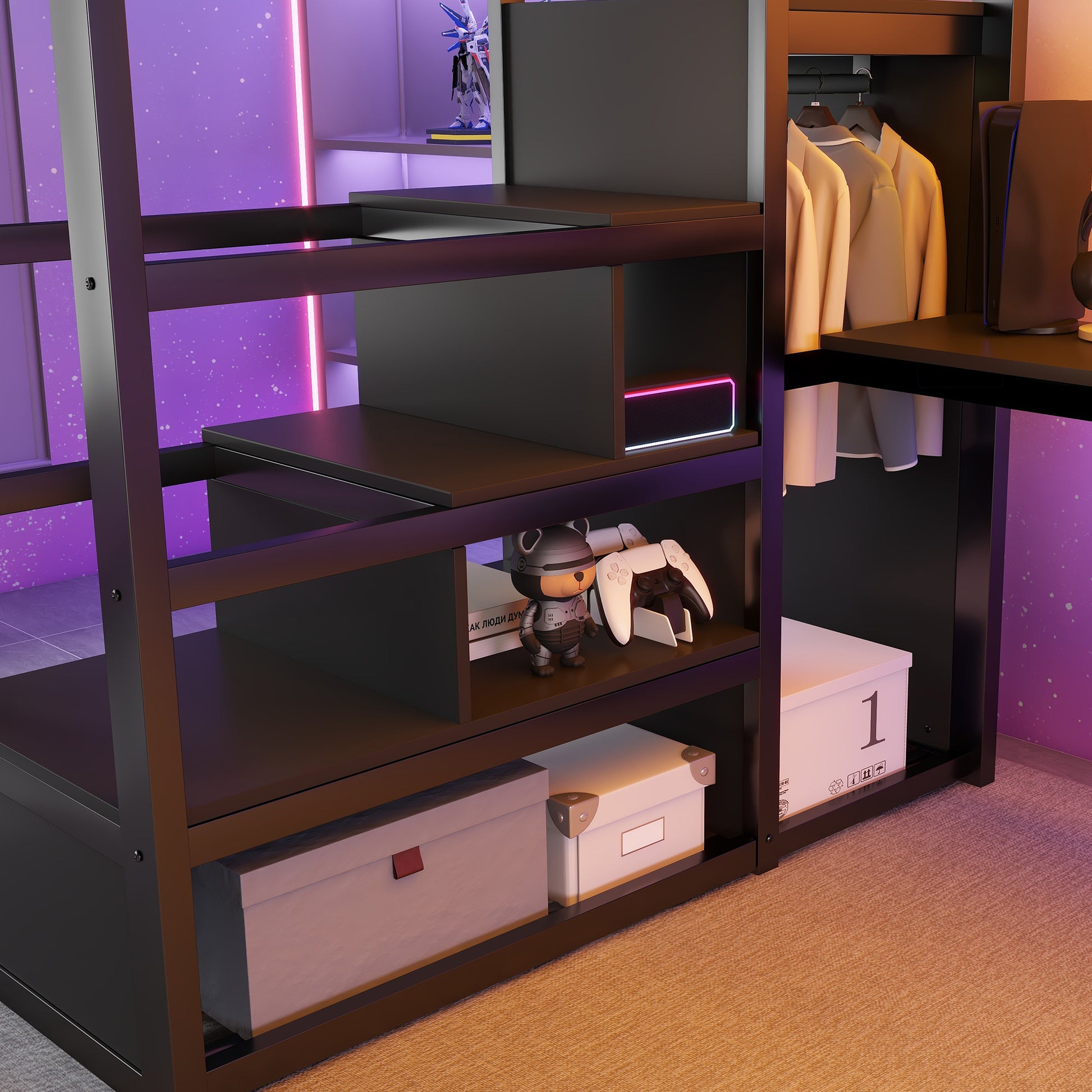 Full Metal Loft Bed with Desk & Charging - Black