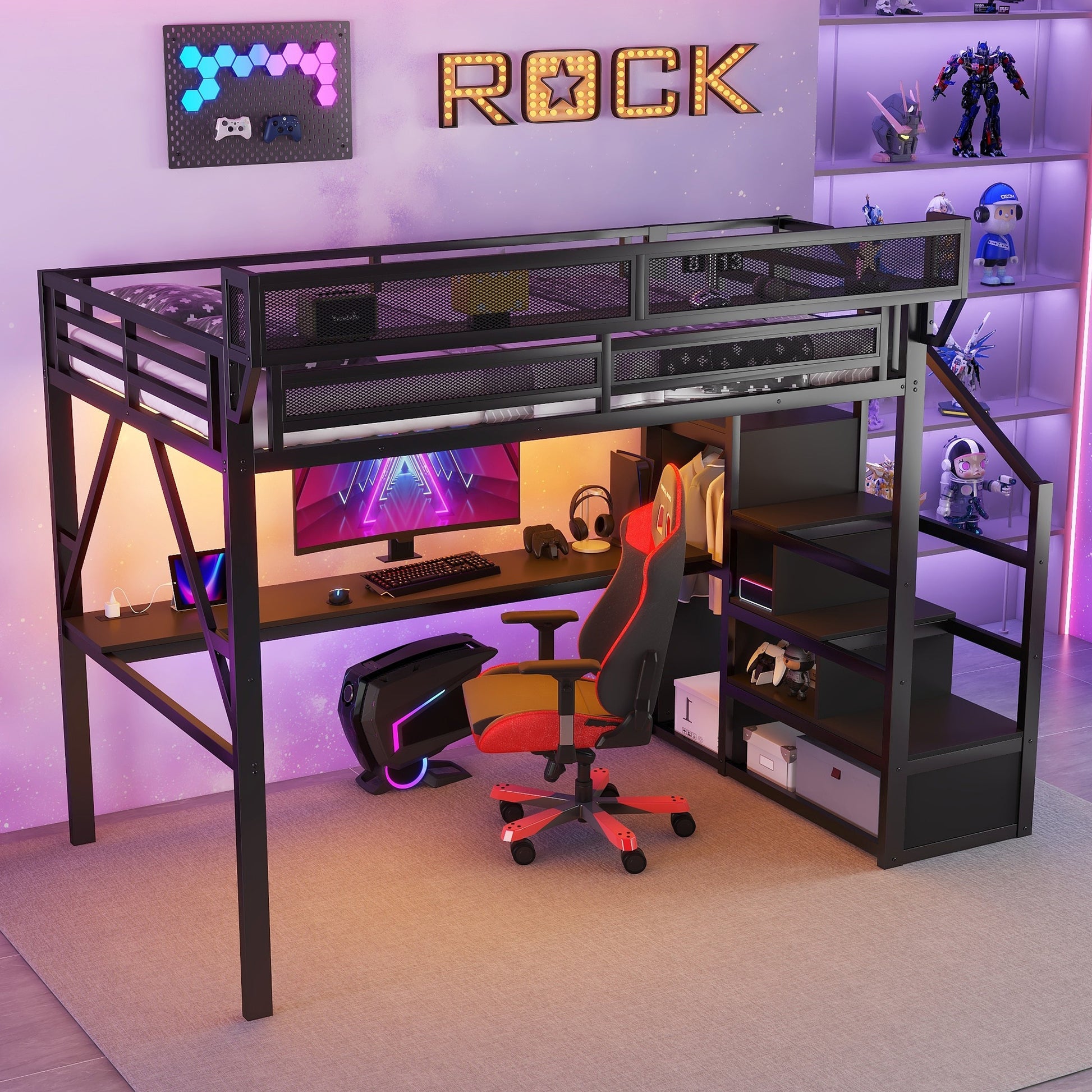Full Metal Loft Bed with Desk & Charging - Black