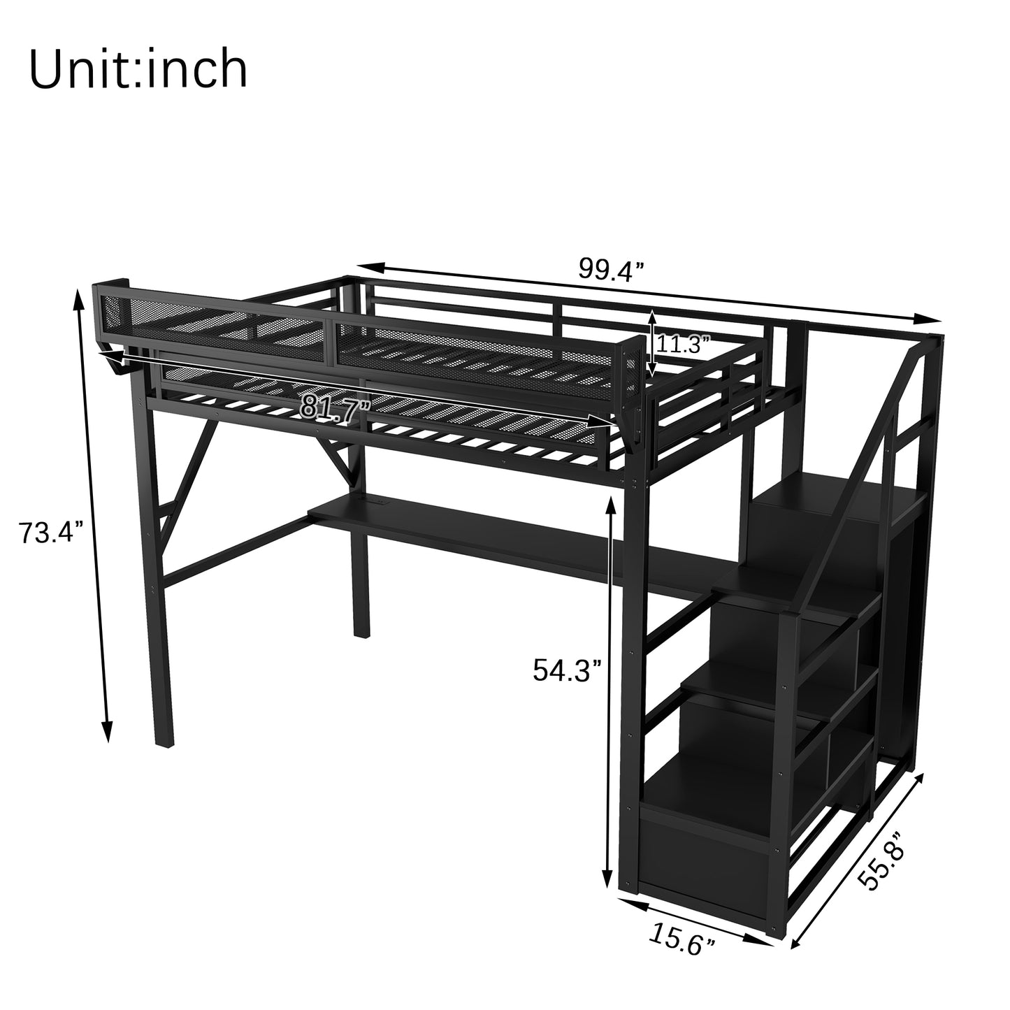 Full Metal Loft Bed with Desk & Charging - Black