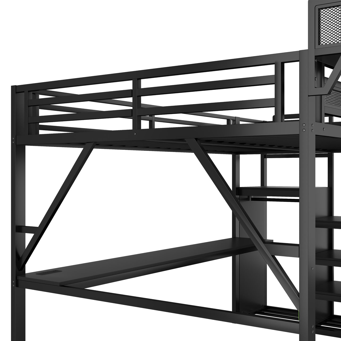 Full Metal Loft Bed with Desk & Charging - Black