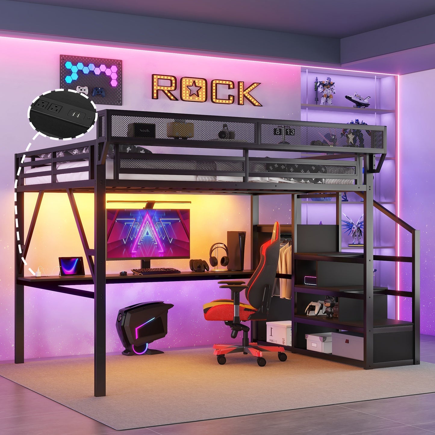Full Loft Bed with Desk and Charging Station, Full  Size Metal Loft Bed with Stairs and Light for Kids Teens, Black