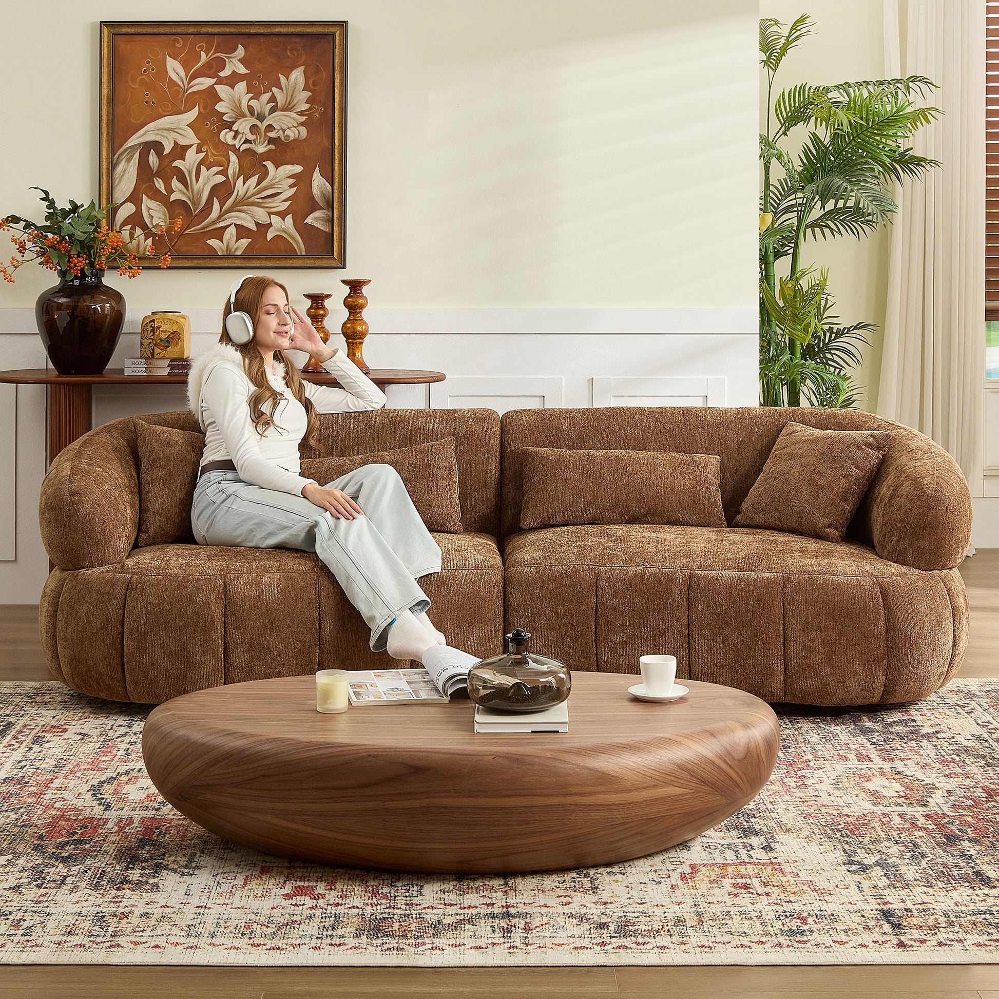 Brown Foam 4-Seat Curved Sofa - Modern Living Room Couch
