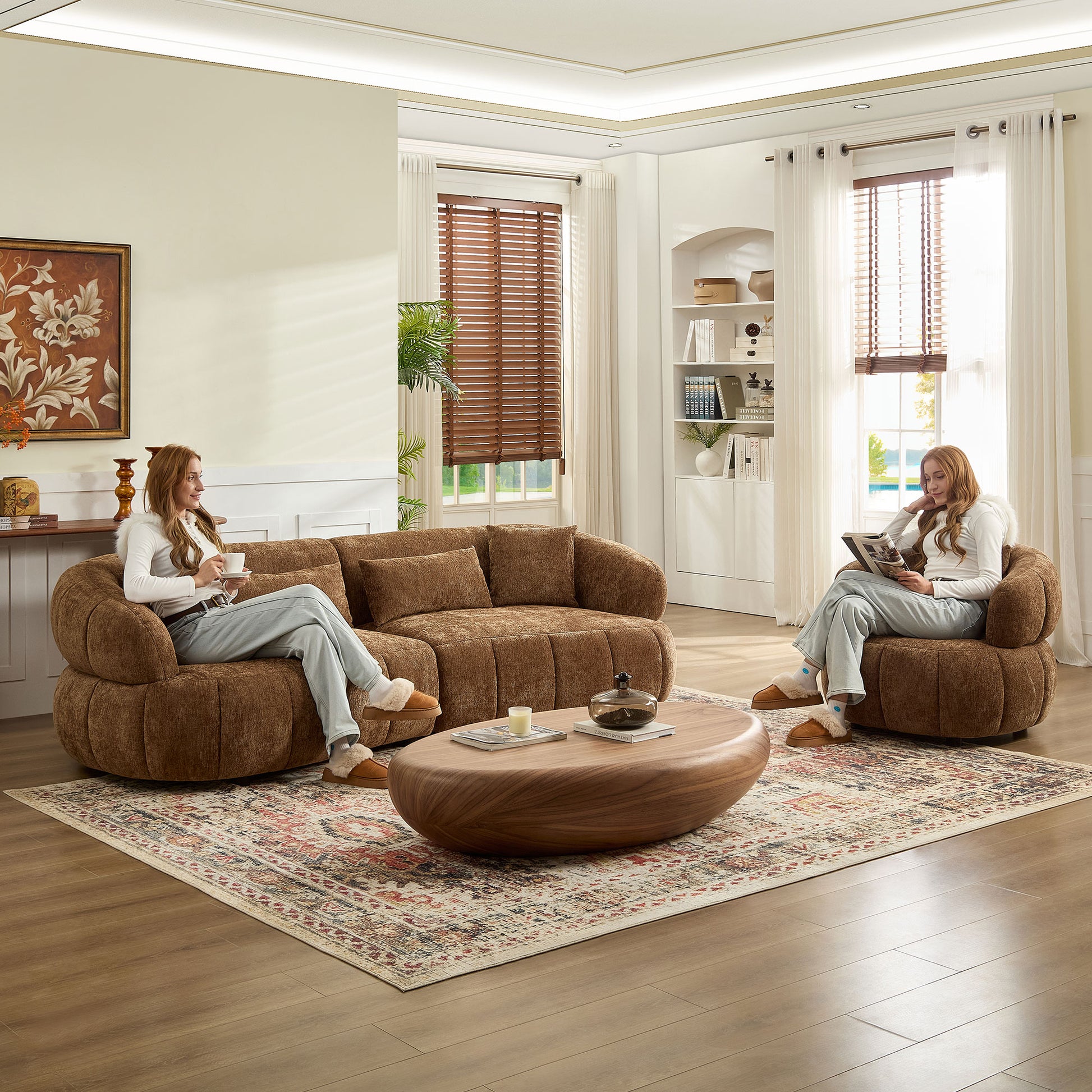 Brown Foam 4-Seat Curved Sofa - Modern Living Room Couch