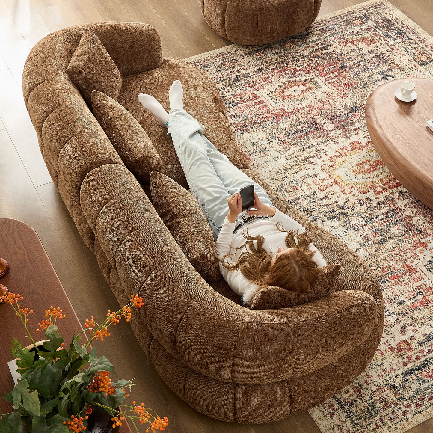 Brown Foam 4-Seat Curved Sofa - Modern Living Room Couch