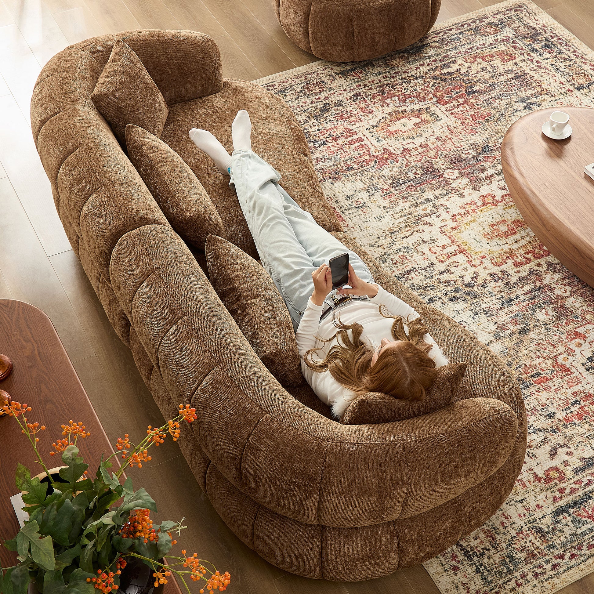 Brown Foam 4-Seat Curved Sofa - Modern Living Room Couch