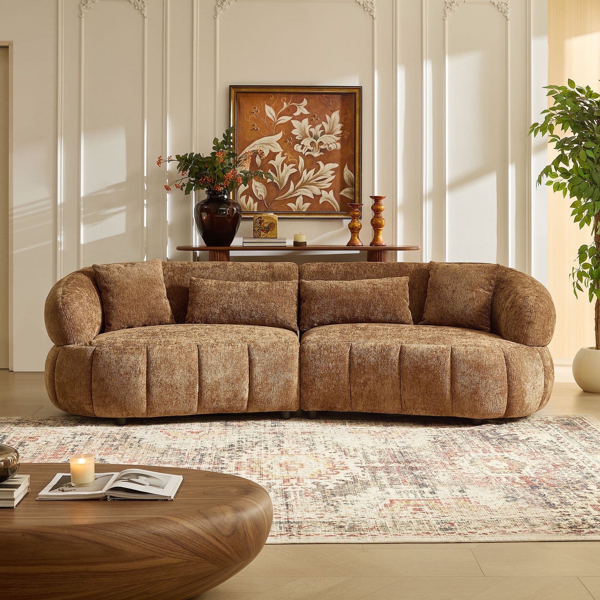 102.36 inch Cloud-Like Sofa,Modern Sectional Curved Sofa,Textured Fabric Couch,Upholstered 4-Seat Comfy Sofa for Living Room,Brown