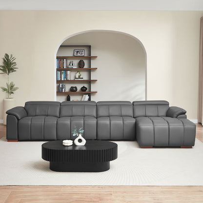 Dark Grey Leather L Shaped Sofa - 4 Seats with Reclining & USB for Living Room