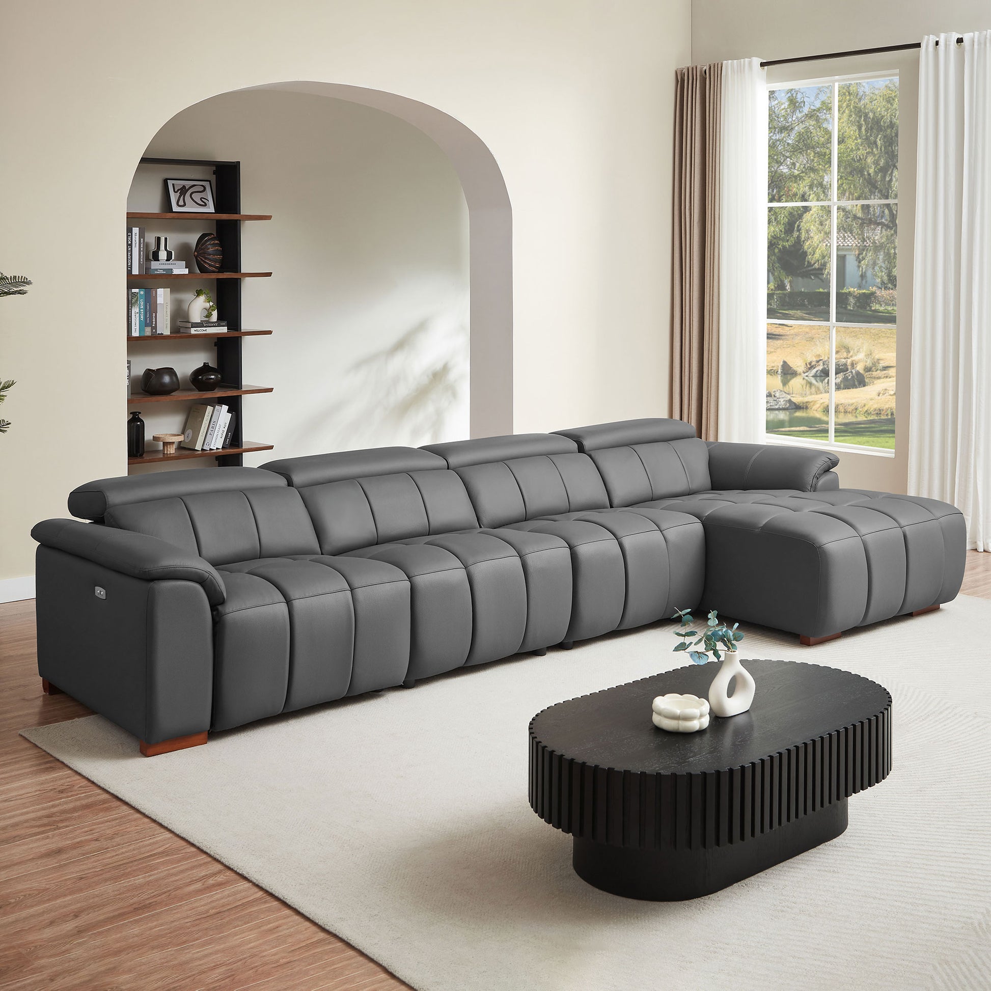 Dark Grey Leather L Shaped Sofa - 4 Seats with Reclining & USB for Living Room