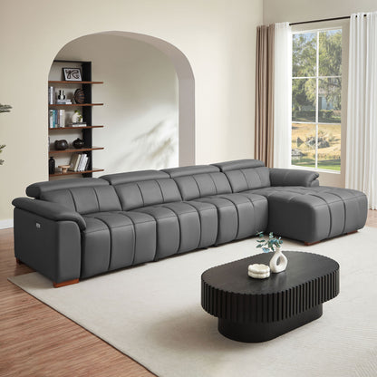 Dark Grey Leather L Shaped Sofa - 4 Seats with Reclining & USB for Living Room