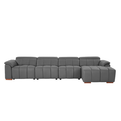 Dark Grey Leather L Shaped Sofa - 4 Seats with Reclining & USB for Living Room