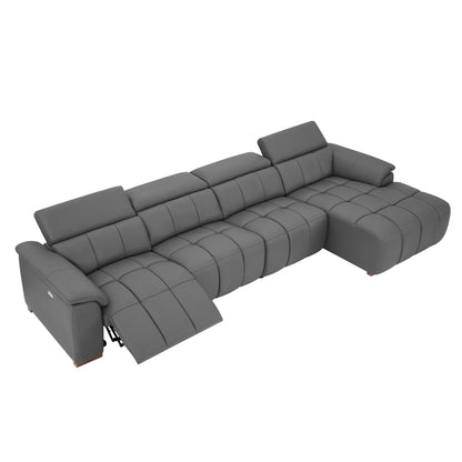 Dark Grey Leather L Shaped Sofa - 4 Seats with Reclining & USB for Living Room