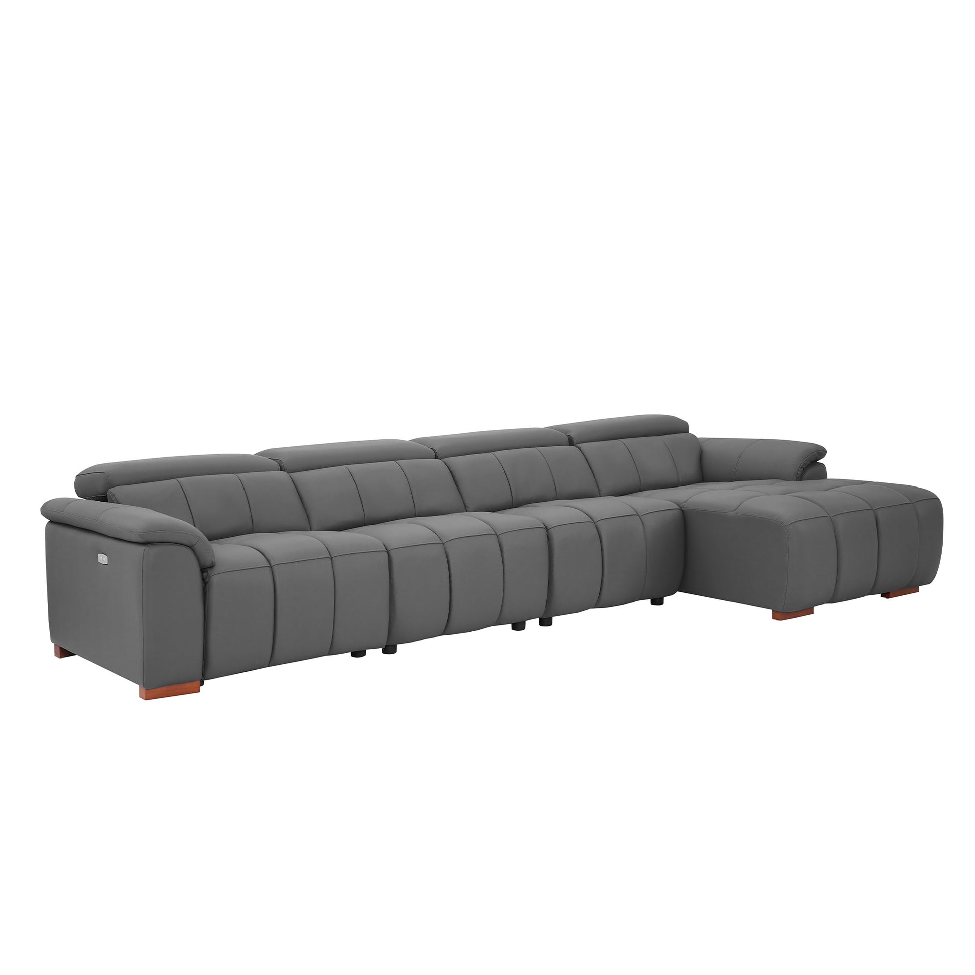 Dark Grey Leather L Shaped Sofa - 4 Seats with Reclining & USB for Living Room