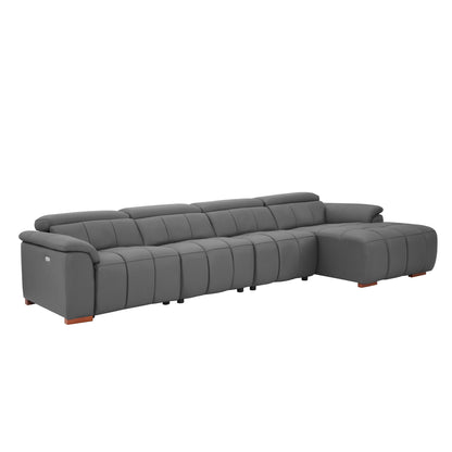 Dark Grey Leather L Shaped Sofa - 4 Seats with Reclining & USB for Living Room