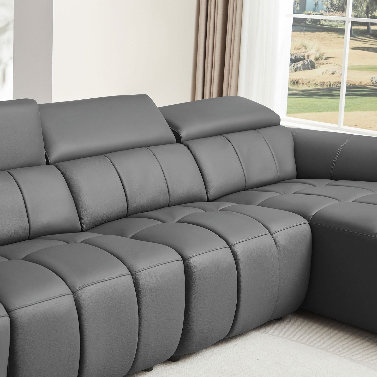 Dark Grey Leather L Shaped Sofa - 4 Seats with Reclining & USB for Living Room