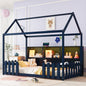 Twin Size House Bed with LED Light, Wood House Bed with Storage Bookshelf, Floor House Bed with Guardrails for Kids, Navy Blue (Expect Arrival Date 2025/3/14)
