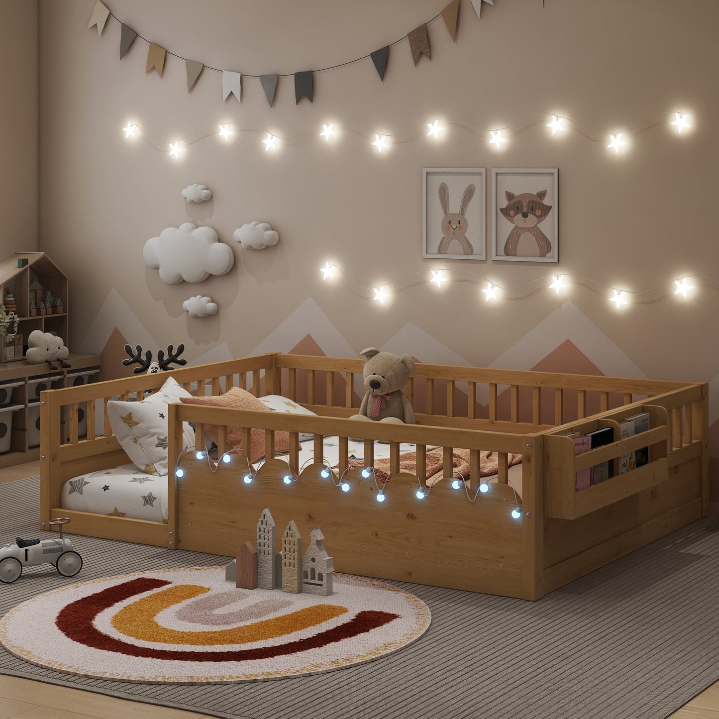 Full Montessori Floor Bed - Natural Wood with Storage Shelf for Bedroom