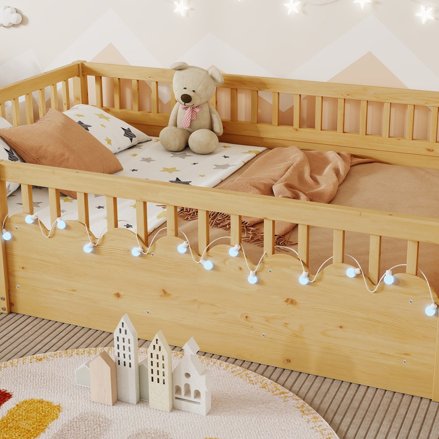 Full Montessori Floor Bed - Natural Wood with Storage Shelf for Bedroom