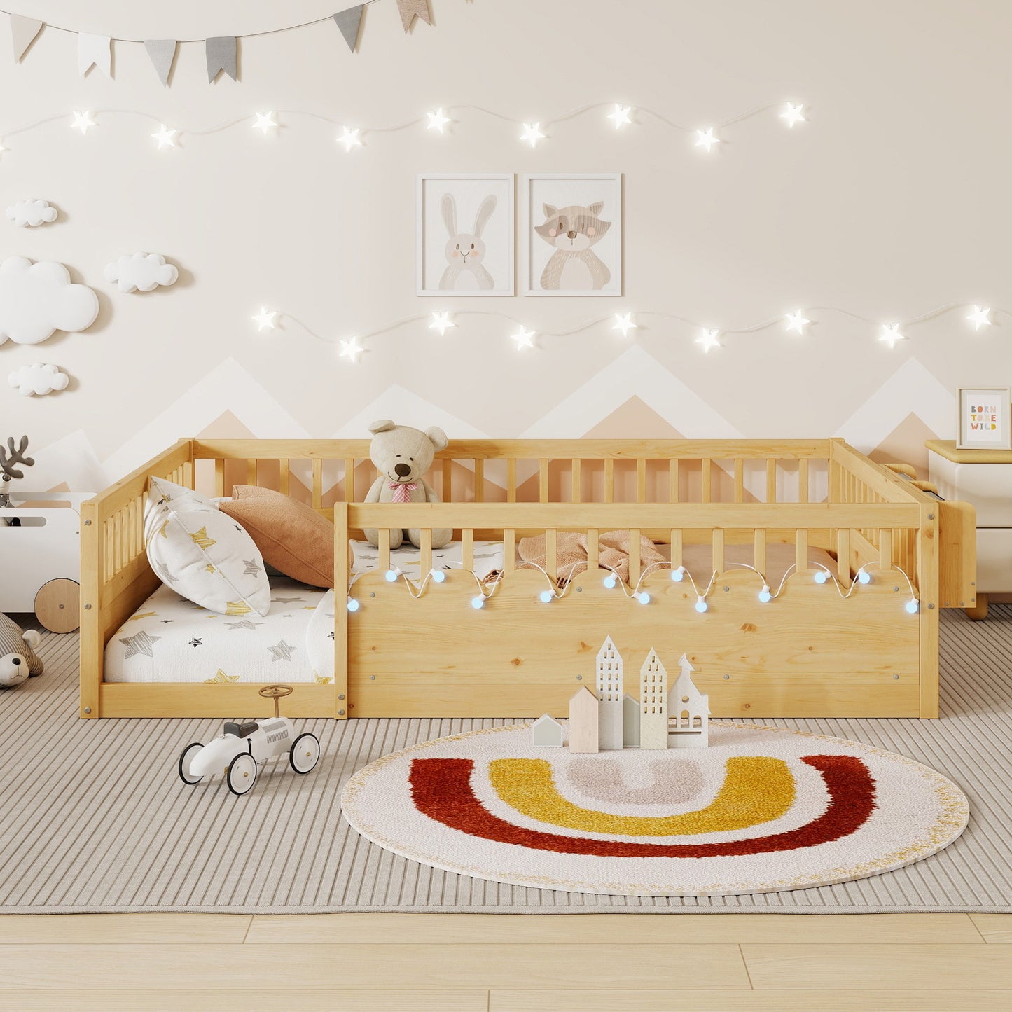 Full Montessori Floor Bed - Natural Wood with Storage Shelf for Bedroom