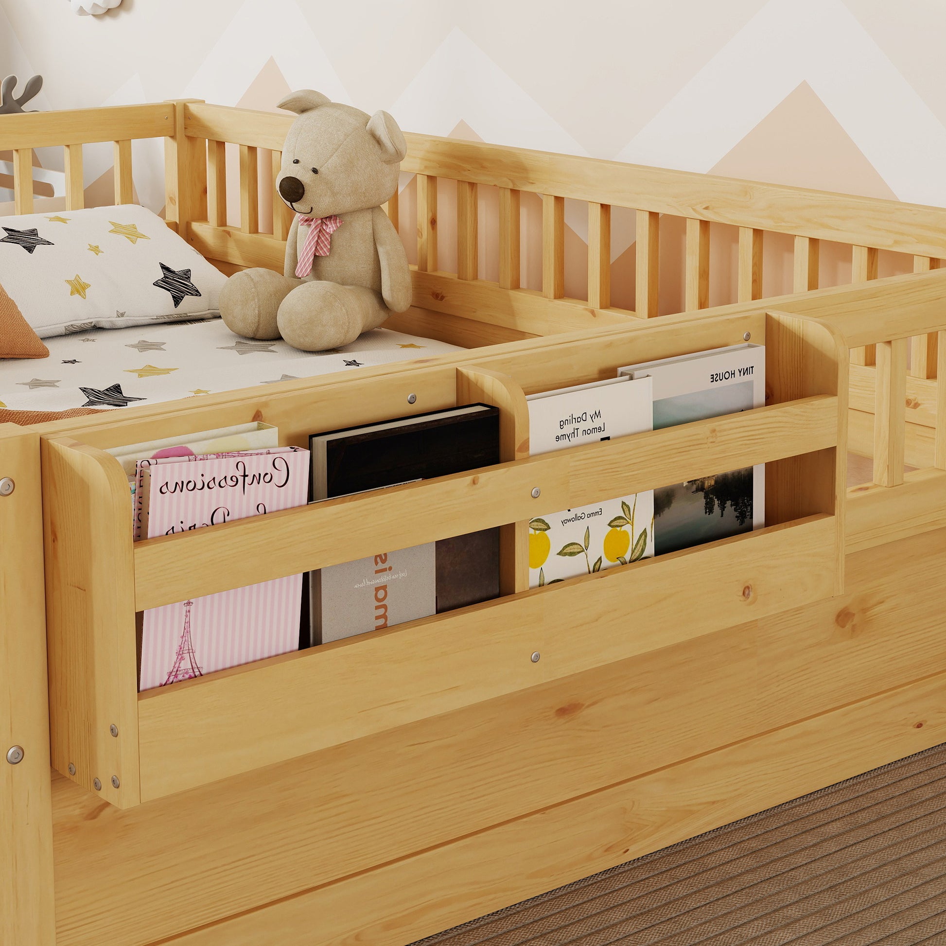 Full Montessori Floor Bed - Natural Wood with Storage Shelf for Bedroom