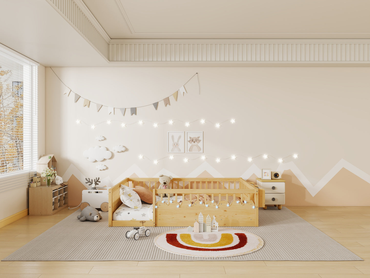 Full Montessori Floor Bed - Natural Wood with Storage Shelf for Bedroom