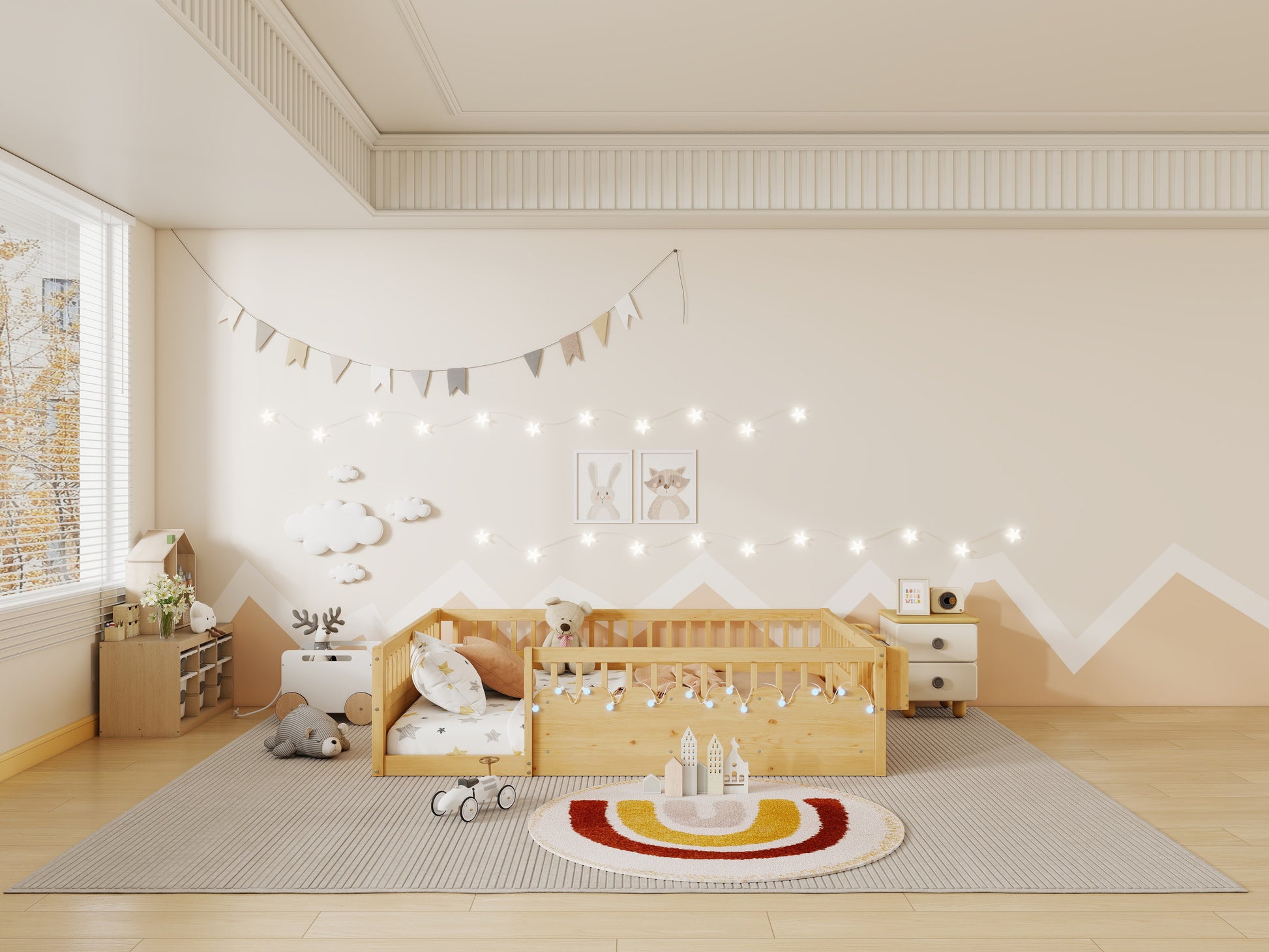 Full Montessori Floor Bed - Natural Wood with Storage Shelf for Bedroom