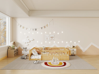 Full Montessori Floor Bed - Natural Wood with Storage Shelf for Bedroom