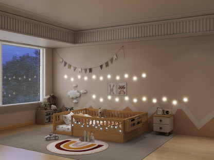 Full Montessori Floor Bed - Natural Wood with Storage Shelf for Bedroom