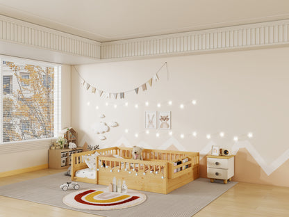 Full Montessori Floor Bed - Natural Wood with Storage Shelf for Bedroom