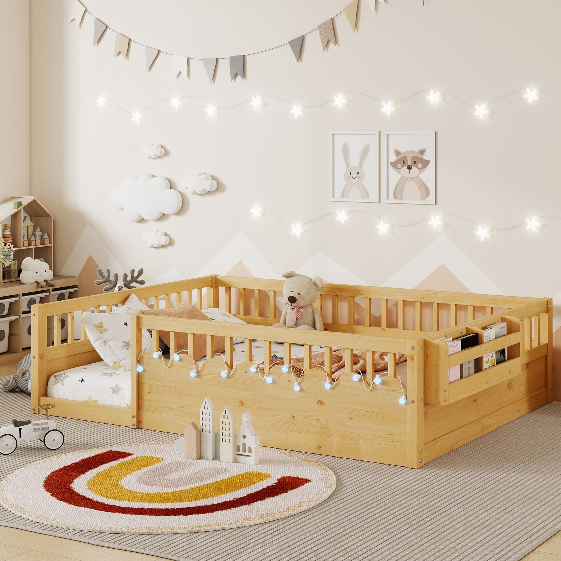 Full Montessori Floor Bed Frame with High Rails, Wood Kids Floor Beds with Light and Storage Shelf, Natural (Expect Arrival Date 2025/8/15)