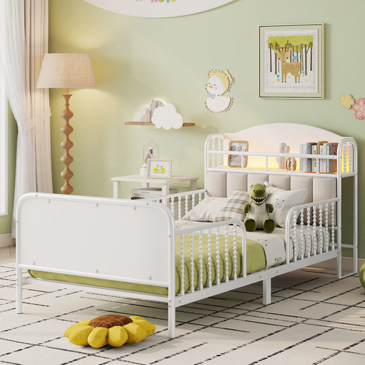 Twin Size Metal Platform Bed Frame with Light, Kids Twin Metal Bed with Upholstered and Storage Headboard, White (Expect Arrival Date 2025/10/5)