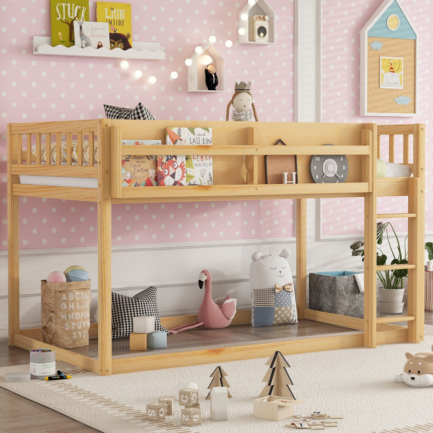 Low Twin Over Twin Bunk Bed - Natural Wood Frame for Bedroom
