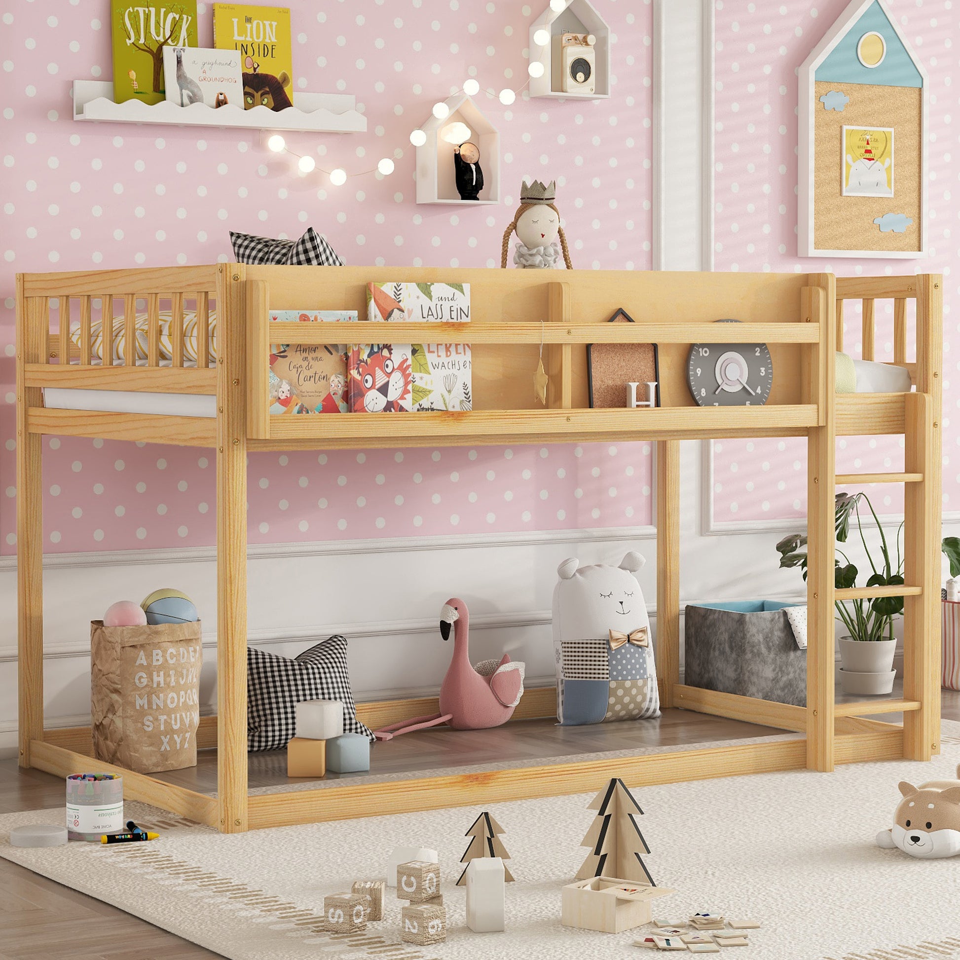 Low Twin Over Twin Bunk Bed - Natural Wood Frame for Bedroom