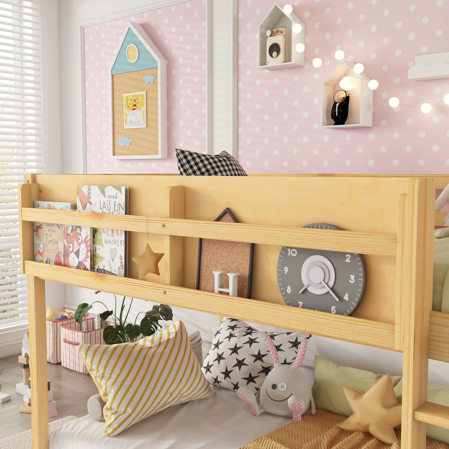 Low Twin Over Twin Bunk Bed - Natural Wood Frame for Bedroom
