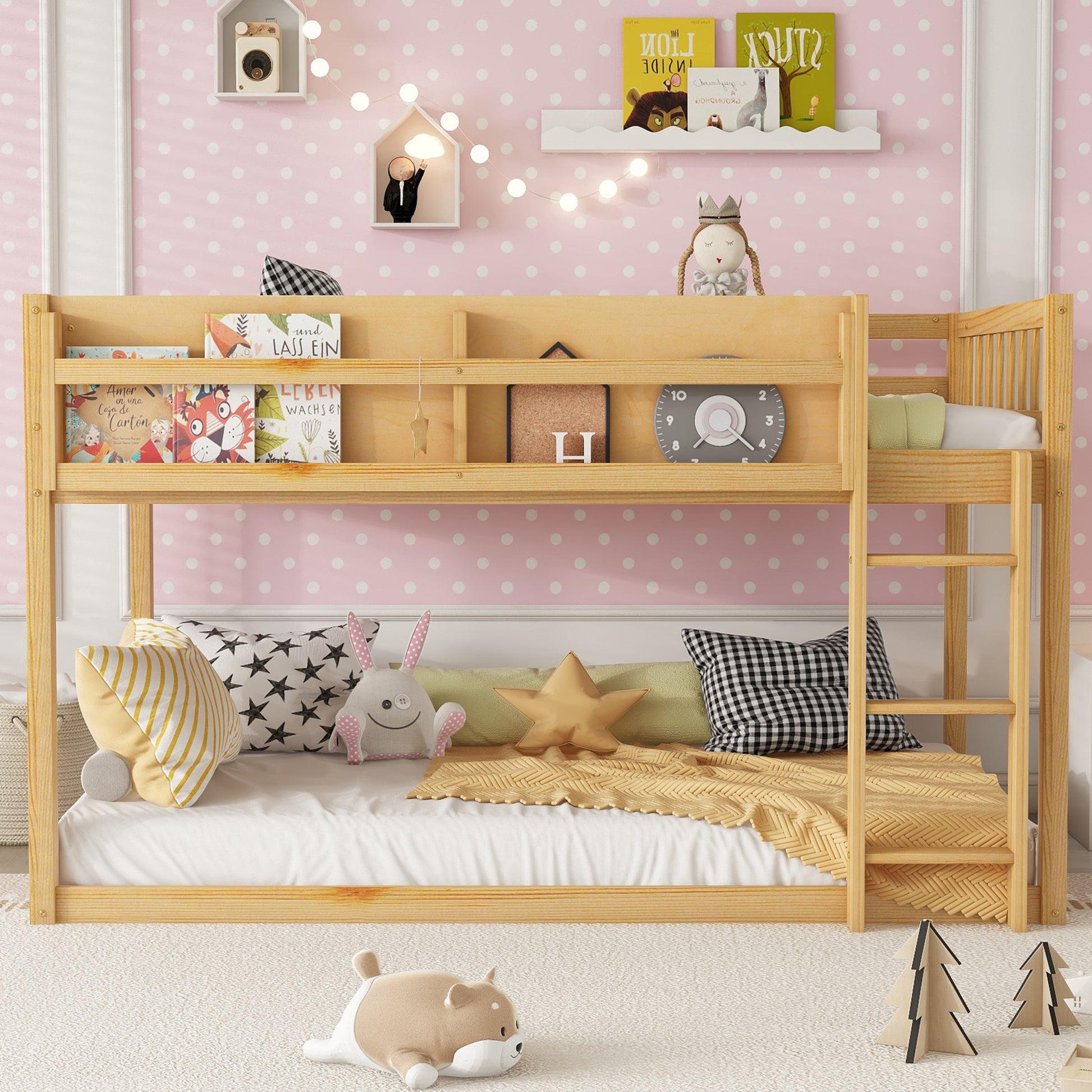 Low Twin Over Twin Bunk Bed - Natural Wood Frame for Bedroom